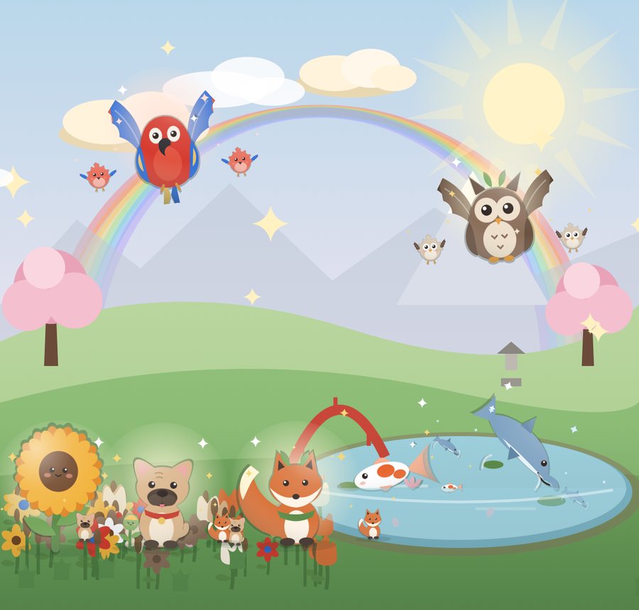 Jardim do Habit Garden com girassol, cachorro, raposa, arara, coruja, carpa e golfinho